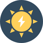 The graphic is a digital design of the sun. The sun is a yellow color with a white lightening bolt in its center. The background is a dark grey color.