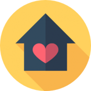 The image displays a digital design of a black house's silhouette. There's a red heart in the center of the house. The background is yellow. 