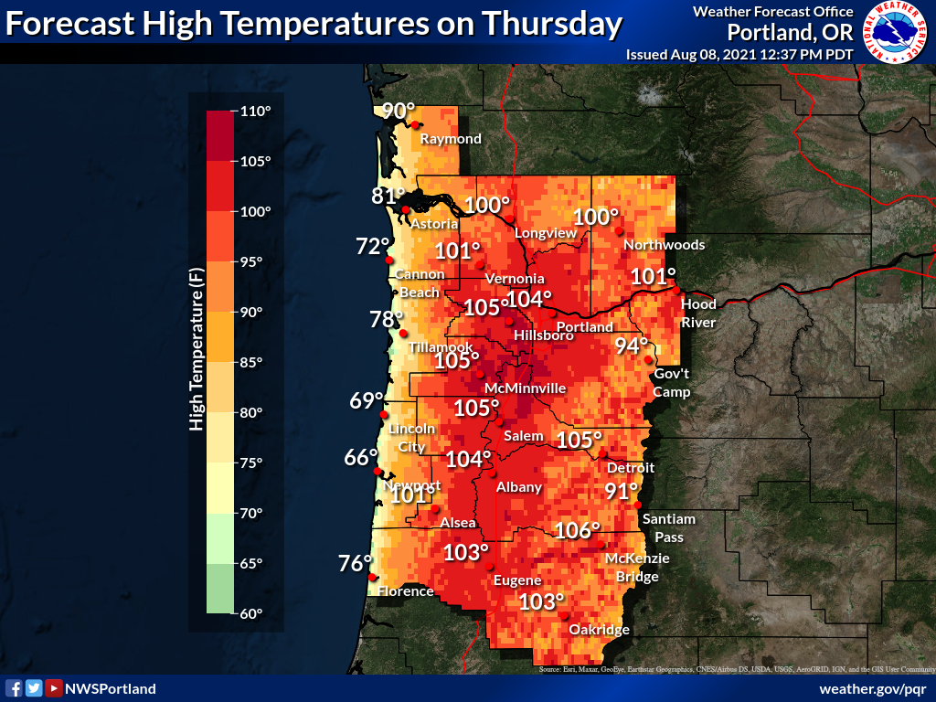 The image depicts a forecast map of upcoming weather in North West Oregon. The text on the top reads, “Forecast High Temperatures on Thursday. Portland, OR. Issued Aug 08, 2021. 12:37 PST. Coastal temperatures on the map range between 69-90 degrees. The interior of the state shows temperatures between 100-106.