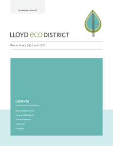Cover page of the Bi-Annual Report with blue boxes, Lloyd EcoDistrict's logo and table of contents