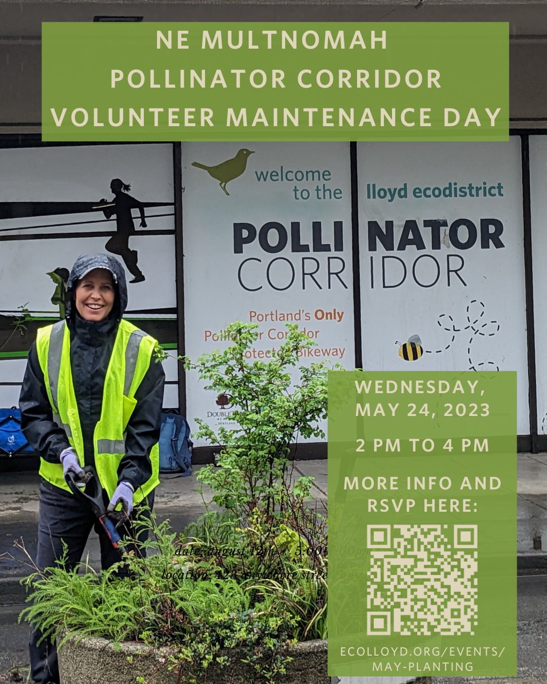 Poster featuring a women with a shovel and yellow safety vest standing by a planter along the Pollinator Corridor.