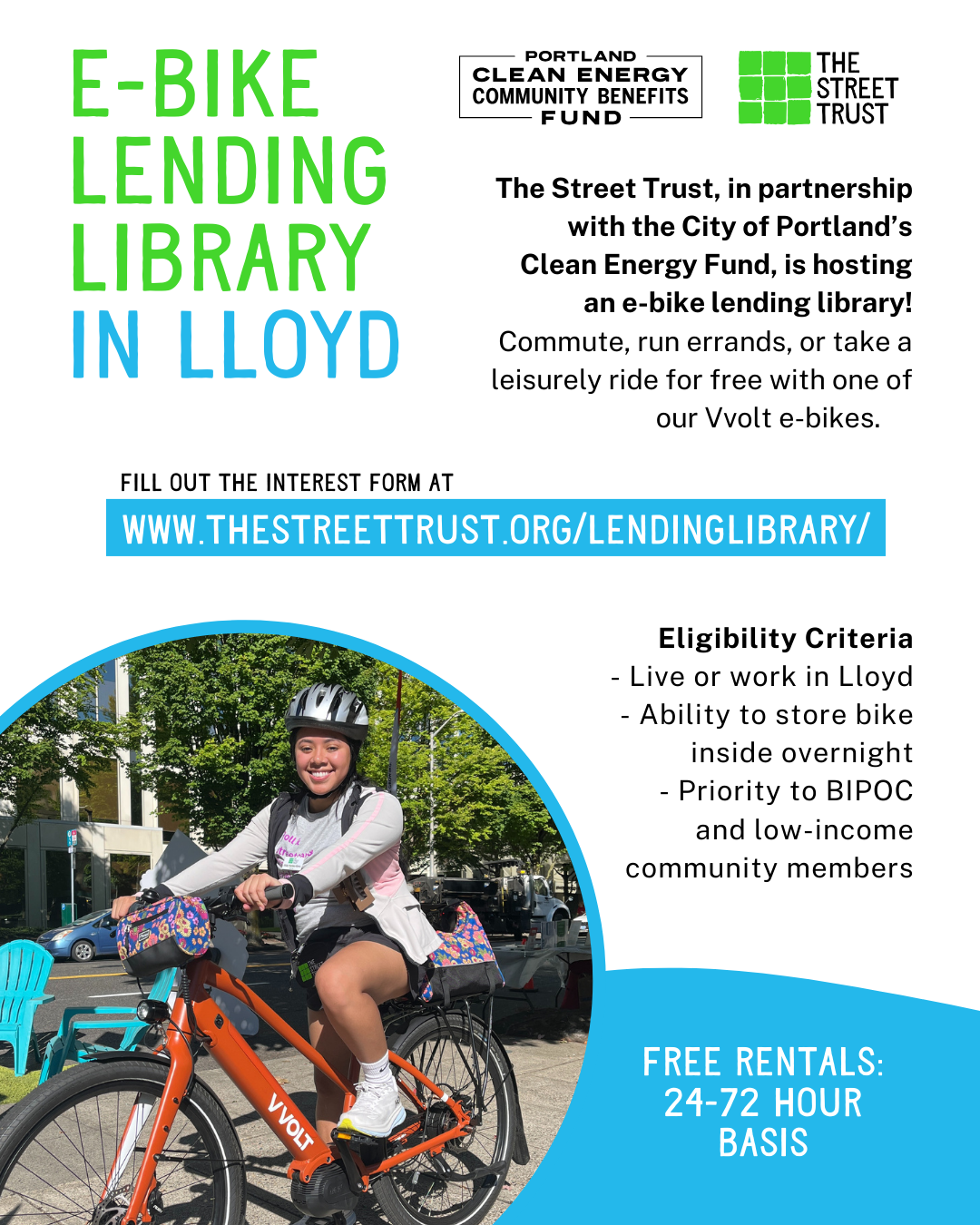 a flier featuring a woman riding an orange e-bike and the "E-Bike Lending Library in Lloyd" and the "Street Trust, in partnership with the City of Portland's Clean Energy Fund, is hosting an e-bike lending library! Commute, run errands, or take a leisurely ride for free with one of our Vvolt e-bikes"