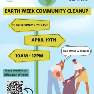 Poster for the cleanup with Solve and Lloyd EcoDistrict's logos and cartoon image of two people picking up trash.