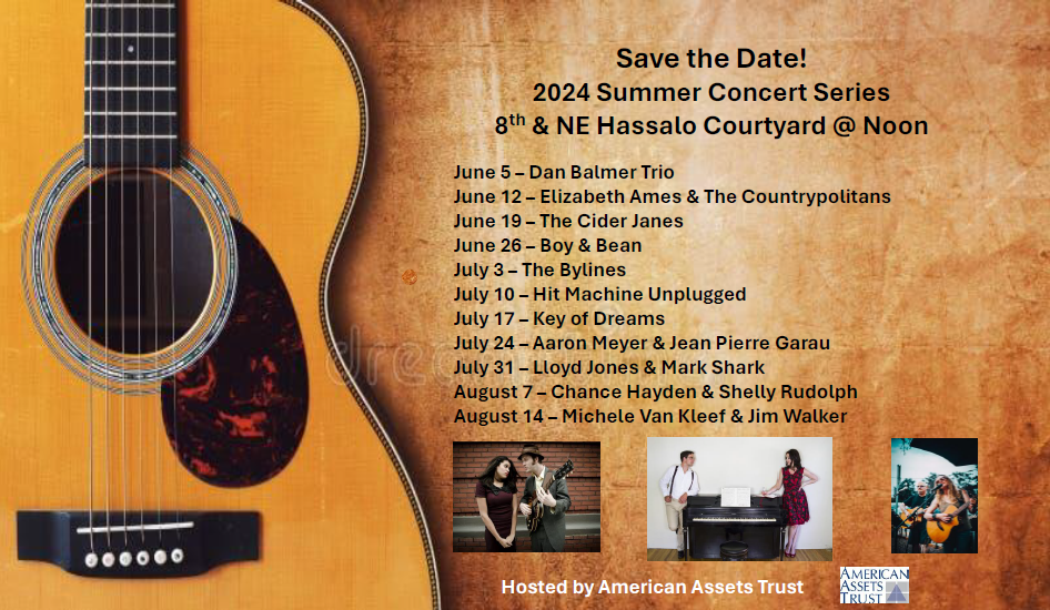 Summer Concert Series poster featuring a guitar and the names and dates of all the performances