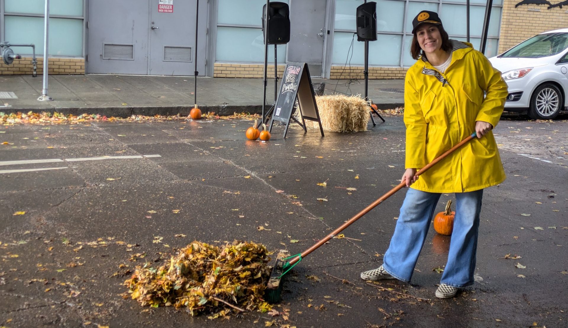 A person cleaning up leaves on a street with a shovel.