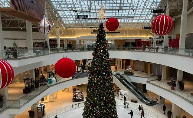 A photo of Lloyd Center's ice rink, featuring a Christmas Tree in the center