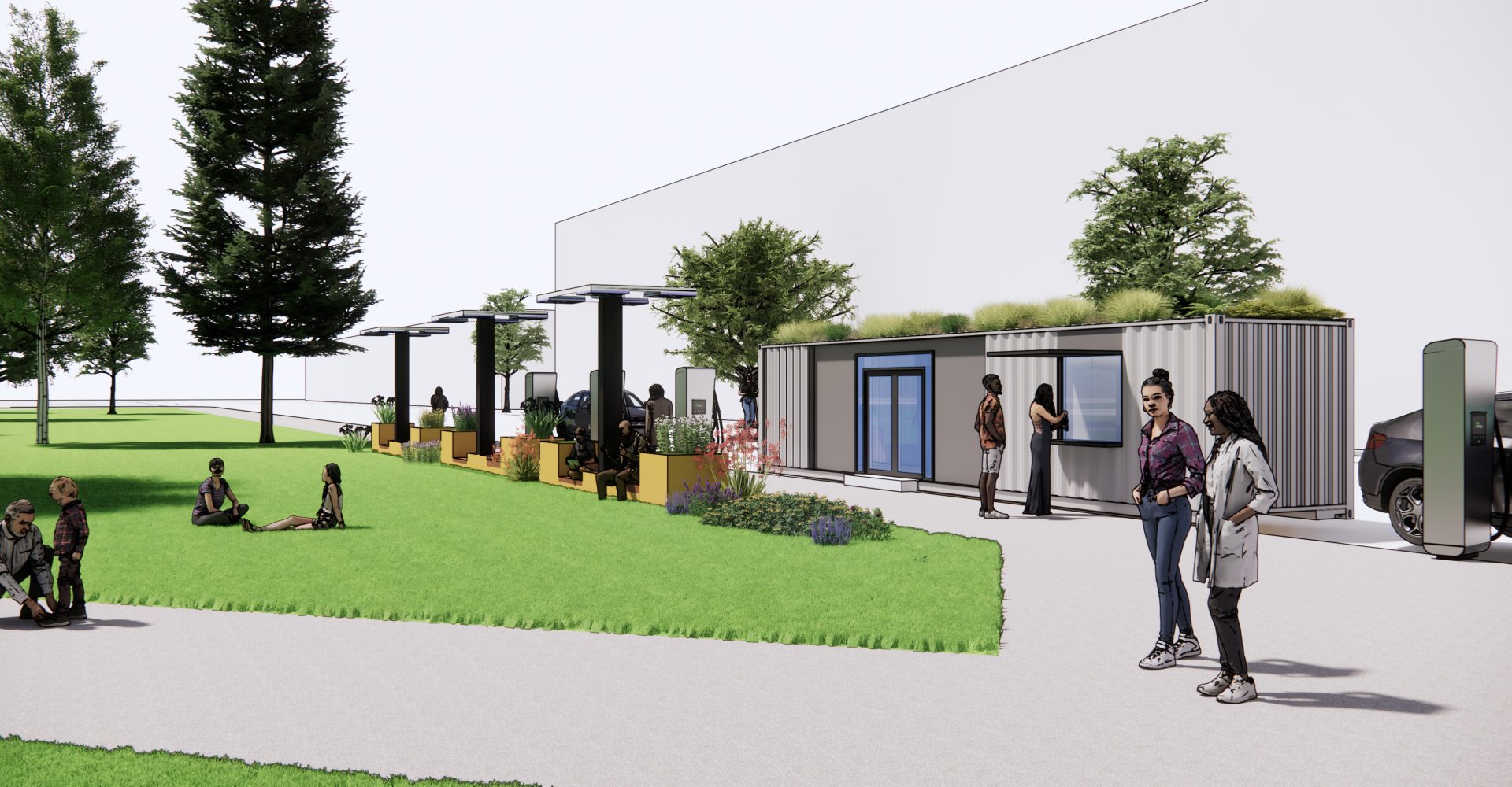 an image on one potential concept, featuring a shipping container, charging stations, and seating