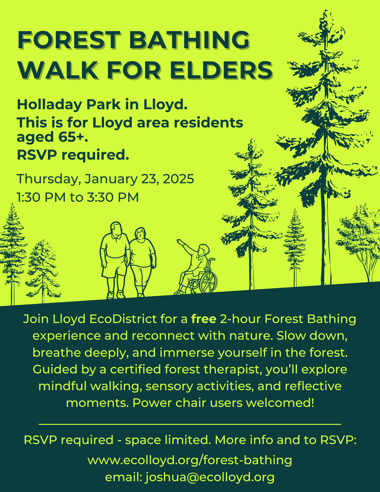 flier for the "Forest Bathing Walk for Elders" featuring graphic design images of trees and people walking and in wheel chairs.