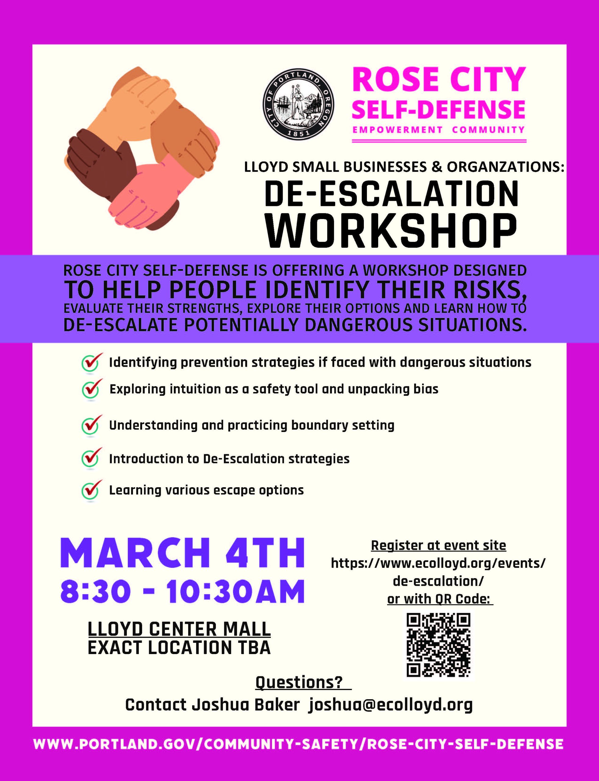 A flyer for the event, featuring text from the post and image and of four arms interlocked.