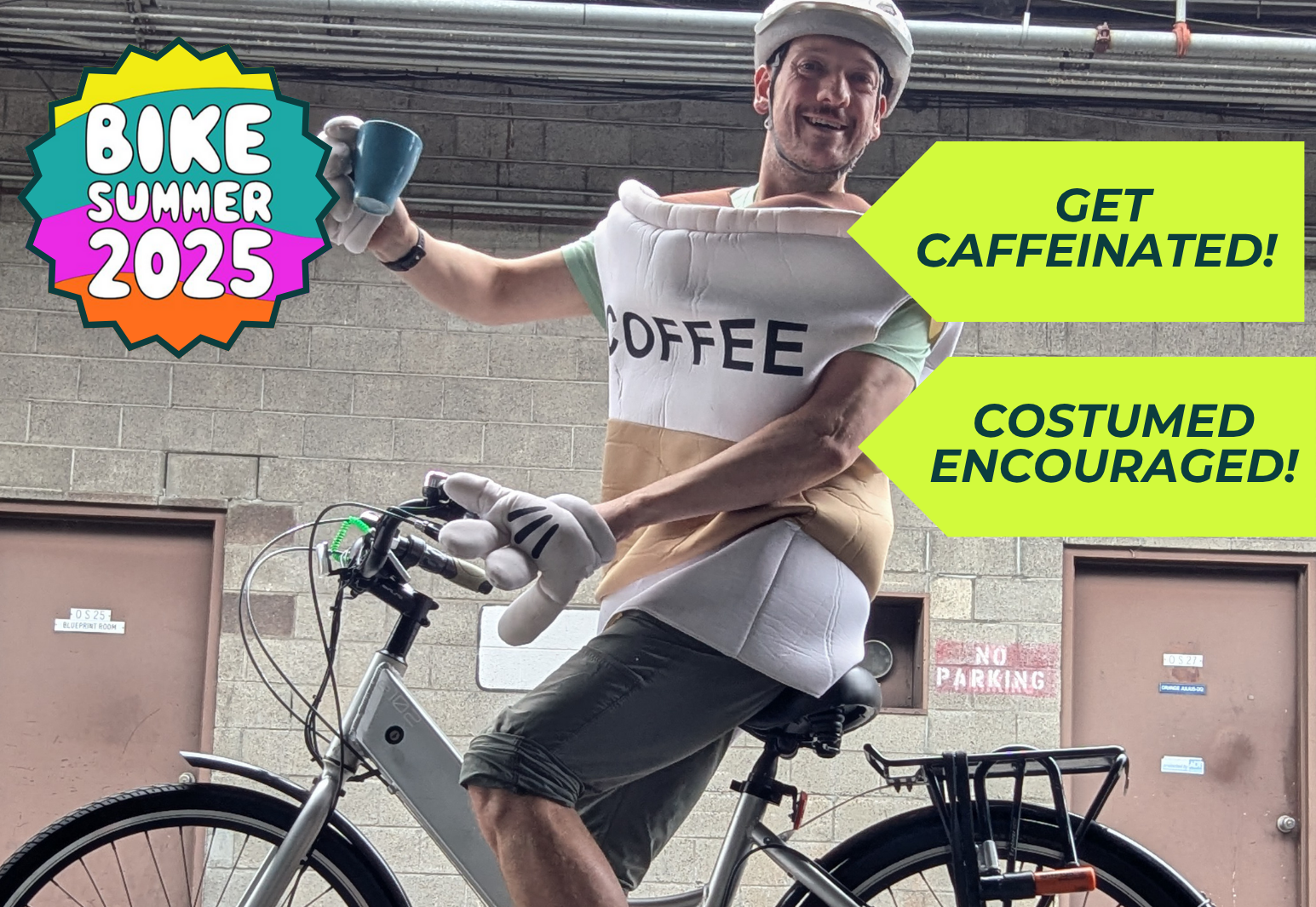 image of a person wearing a coffee cup costume riding a bike