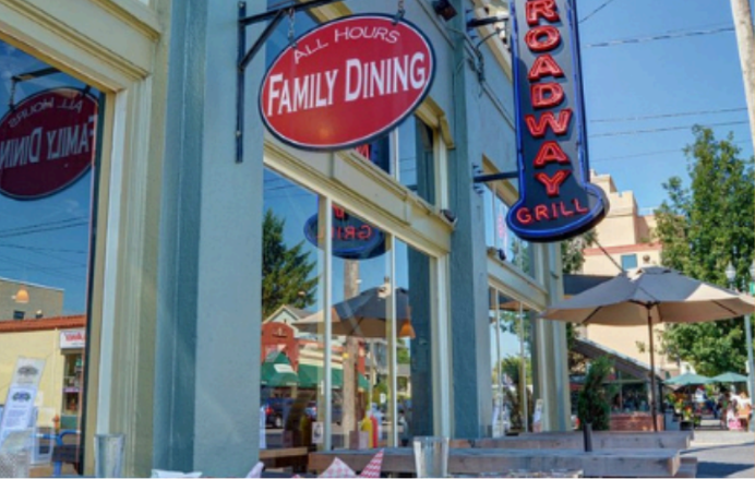 A neon sign for The Broadway Grill & Brewery