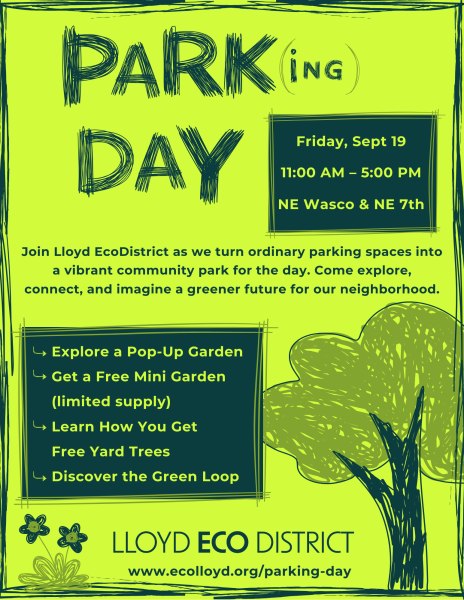 Flyer for Park(ing) Day featuring doodles of trees and flowers