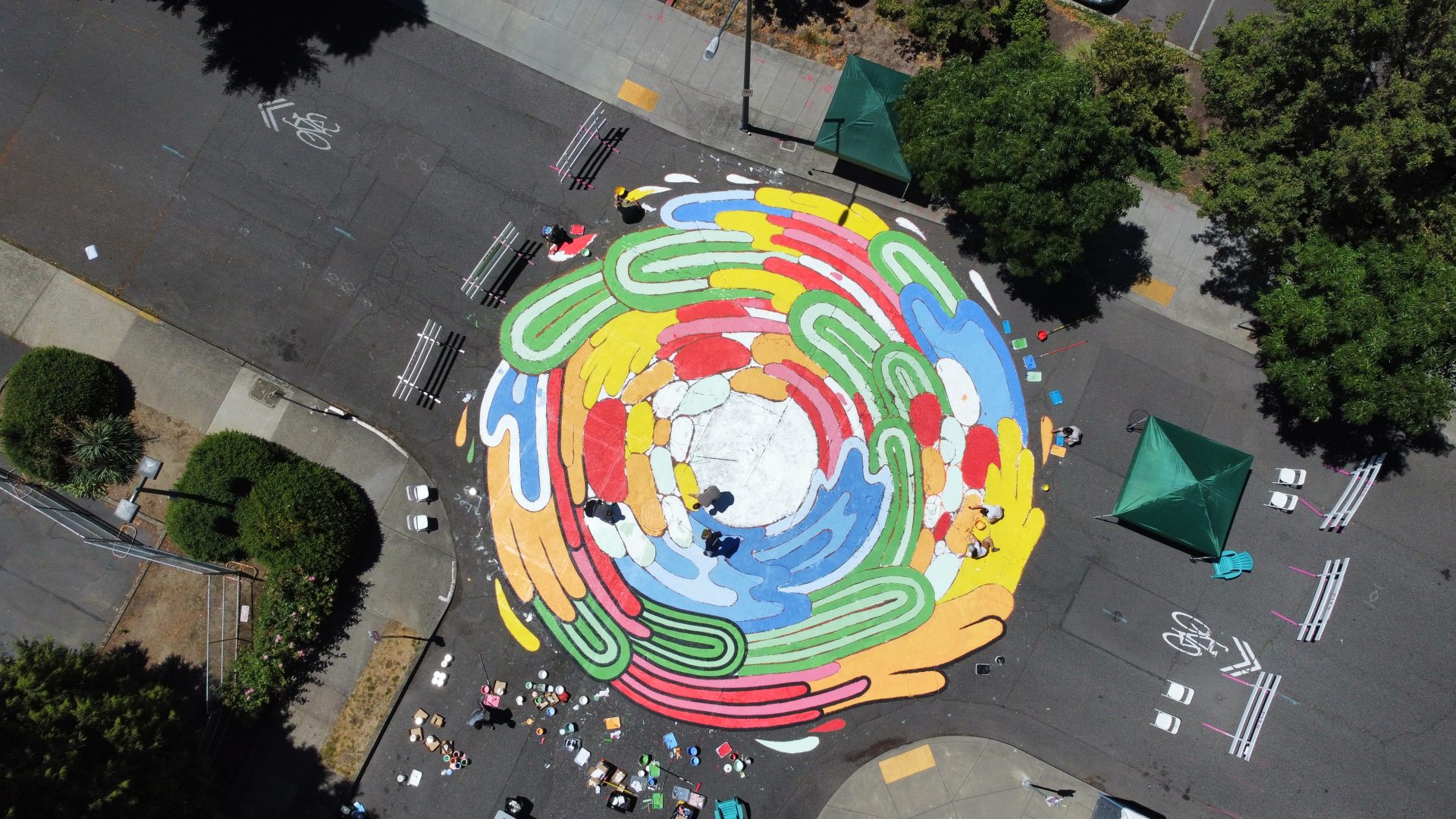 Overhead photo of mural painting in progress