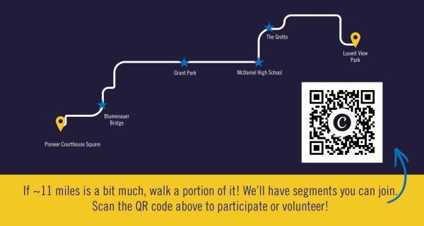 A line map of the Portland Promenade route with a QR code and text that says: "If ~11 miles is a bit much, walk a portion of it! We'll have segments you can join. Scan the QR code above to participate or volunteer!"