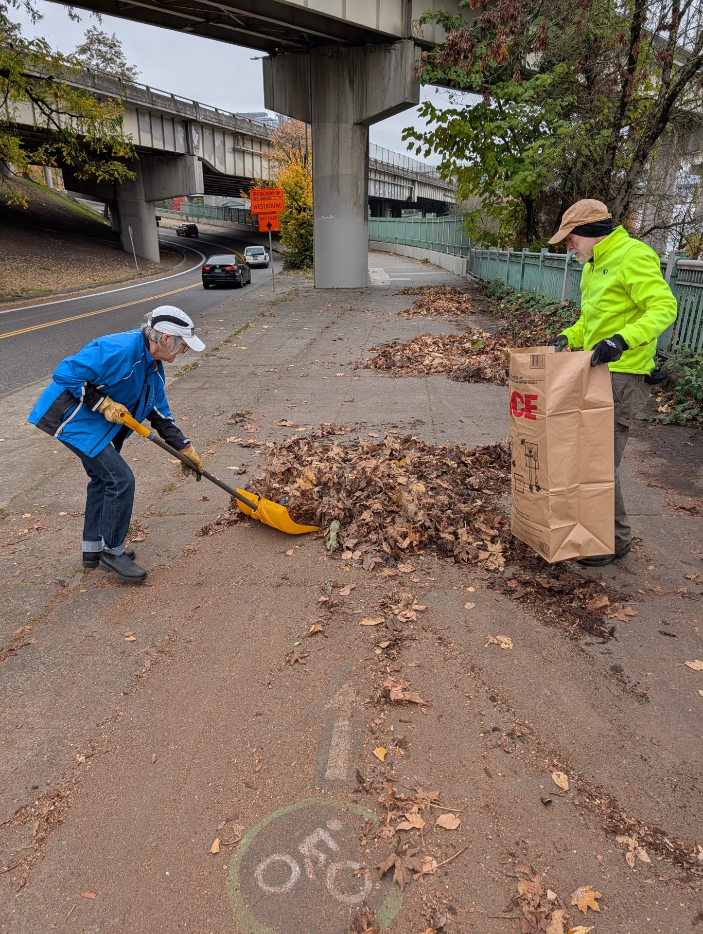 a photo of two volunteers removing leaves from bikes lanes
