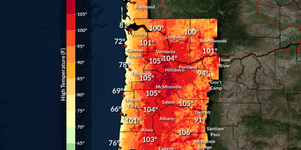 The image depicts a forecast map of upcoming weather in North West Oregon. The text on the top reads, “Forecast High Temperatures on Thursday. Portland, OR. Issued Aug 08, 2021. 12:37 PST. Coastal temperatures on the map range between 69-90 degrees. The interior of the state shows temperatures between 100-106.