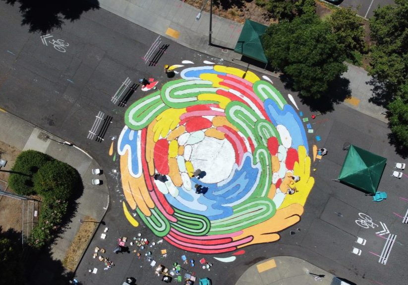 Overhead photo of mural painting in progress