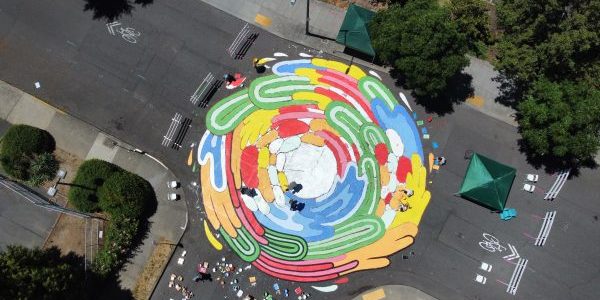 Overhead photo of mural painting in progress