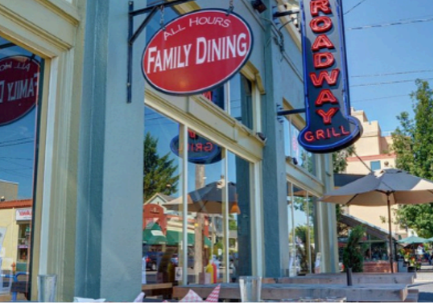 A neon sign for The Broadway Grill & Brewery