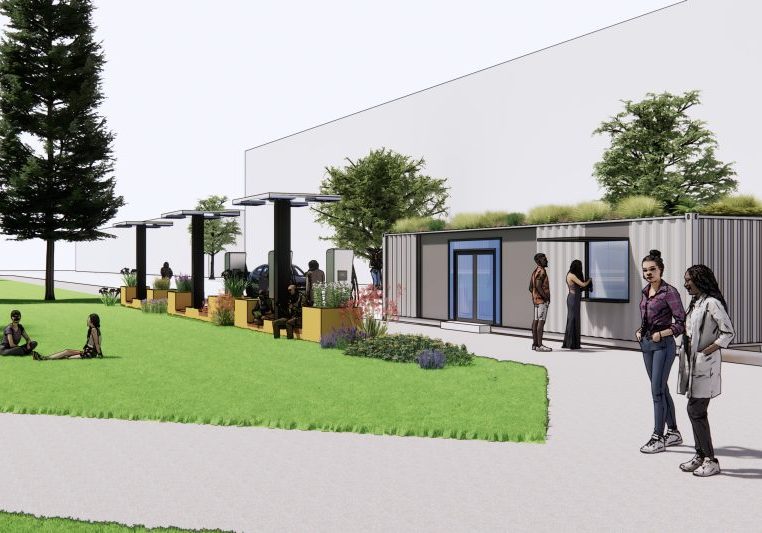 an image on one potential concept, featuring a shipping container, charging stations, and seating