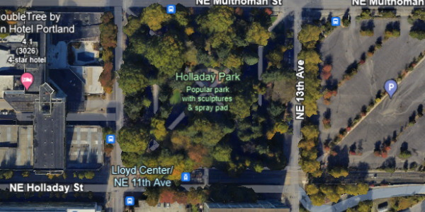 An overview of Holladay Park with surrounding streets