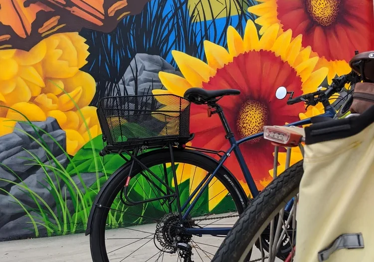 An image of bikes with street art in the background.