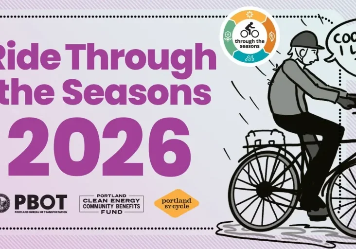 Ride Through the Seasons 2026 [A graphic of a person riding a bike through rain, saying "cool, cool, I love this"]