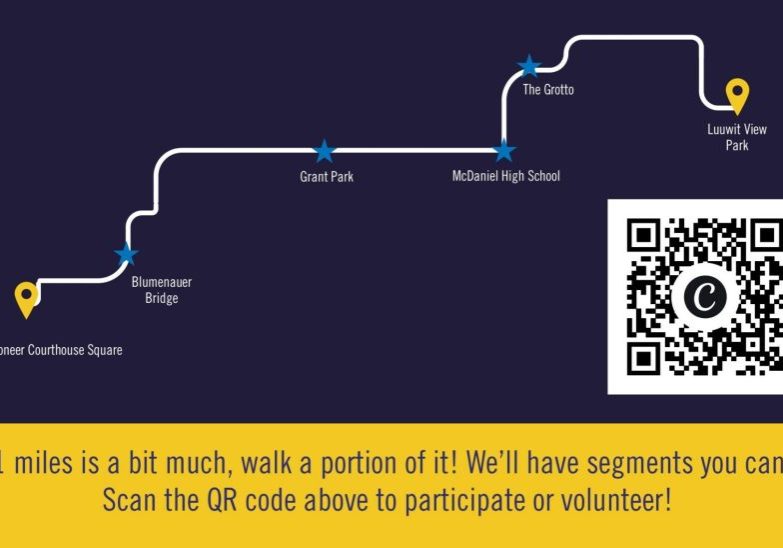A line map of the Portland Promenade route with a QR code and text that says: "If ~11 miles is a bit much, walk a portion of it! We'll have segments you can join. Scan the QR code above to participate or volunteer!"